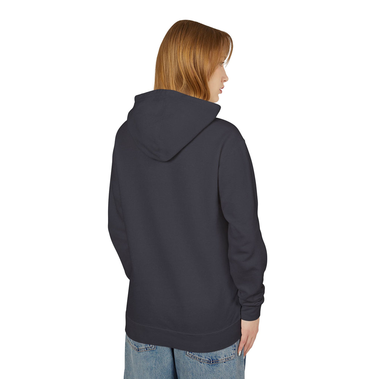 Person wearing a dark blue hoodie on a white background