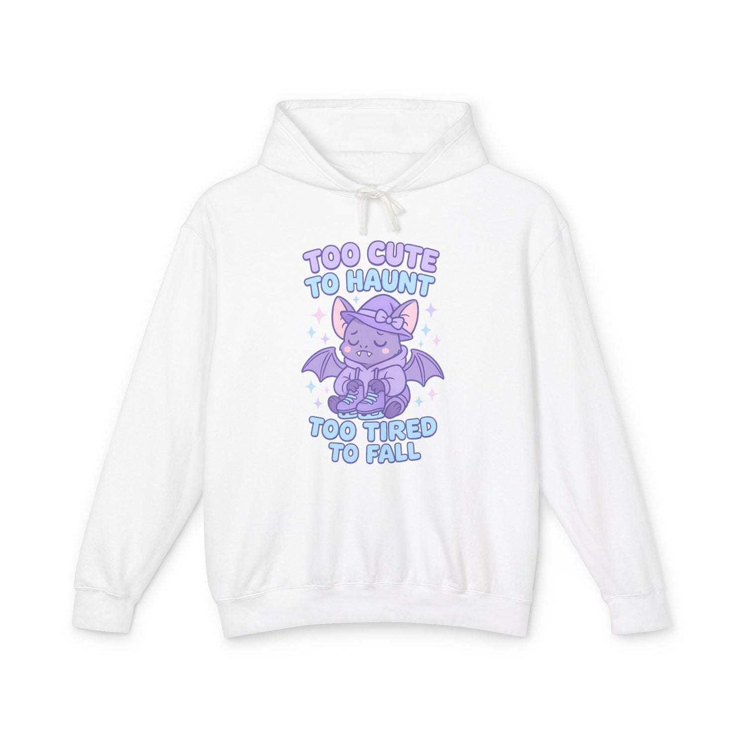 White hoodie with a purple dragon graphic and text on a white background