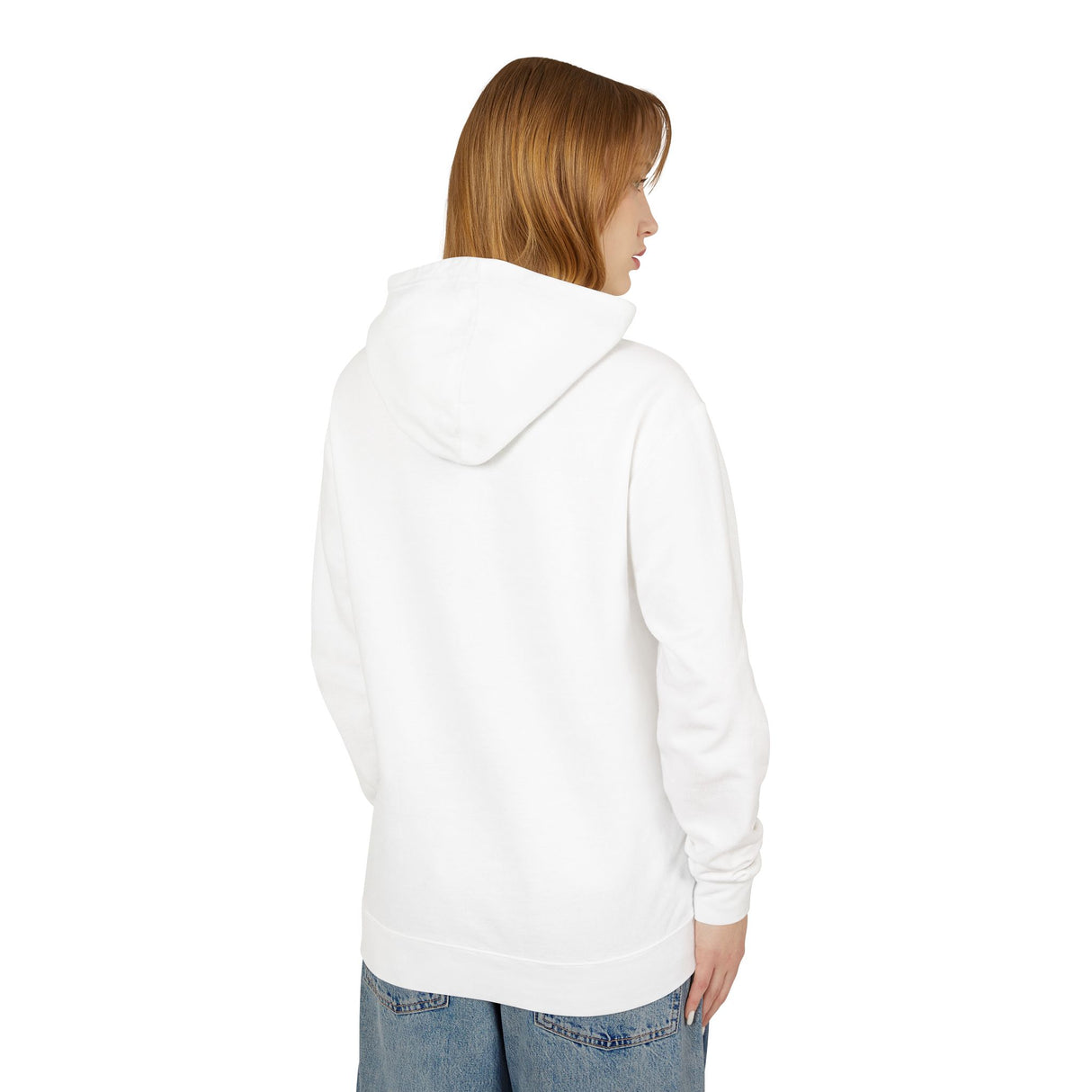 Person wearing a white hoodie on a white background