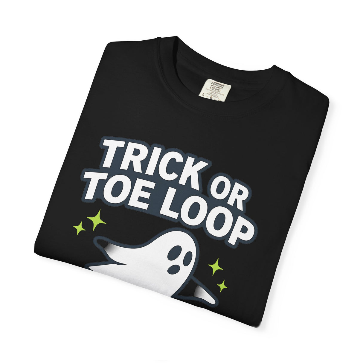 Black t-shirt with 'Trick or Toe Loop' text and ghost graphic on a white background