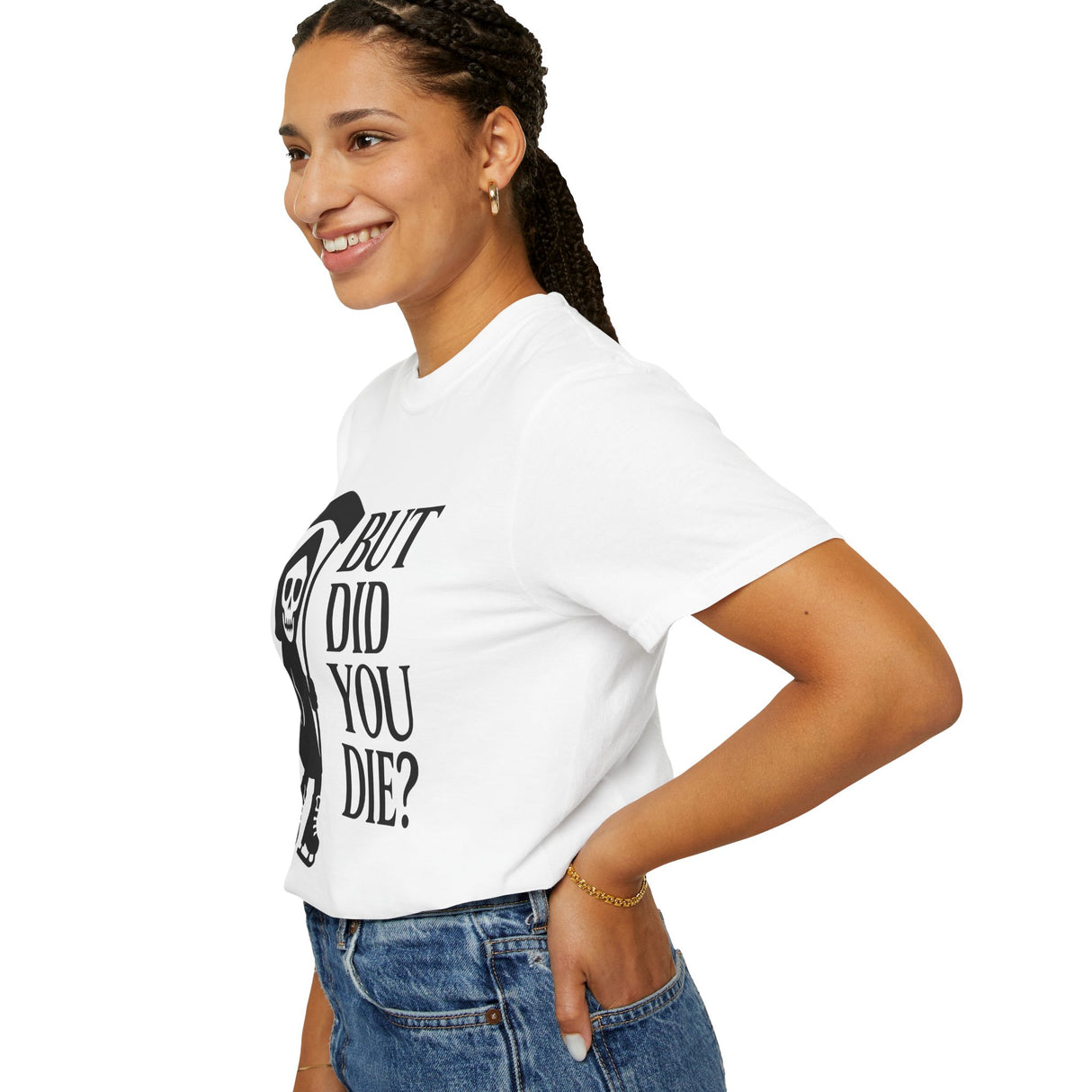 Person wearing a white t-shirt with text and jeans on a white background