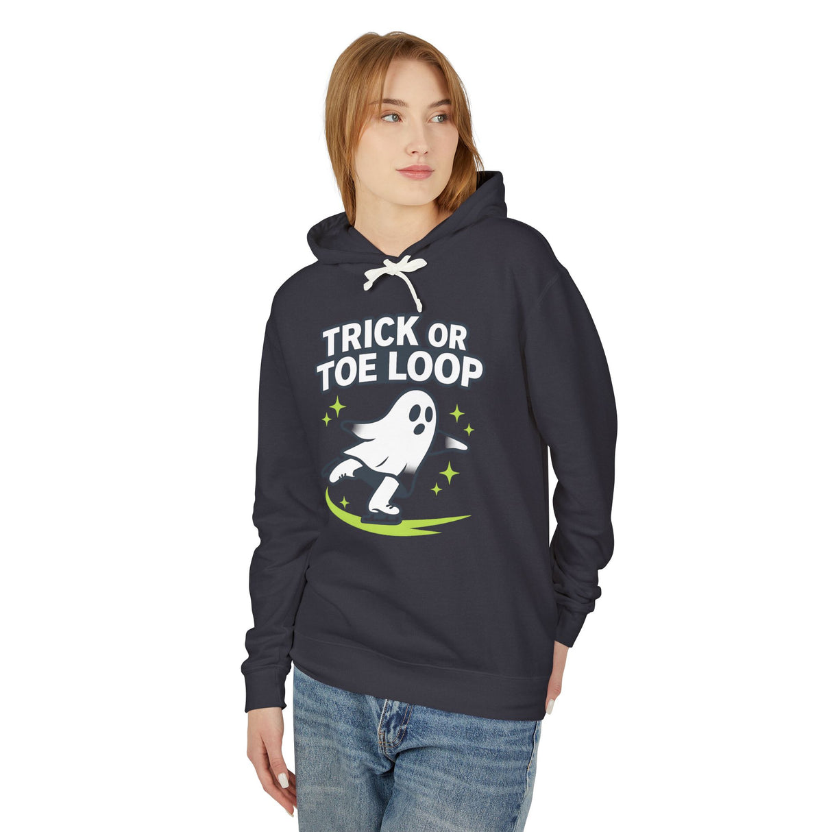 Person wearing a navy hoodie with a ghost graphic and text on a white background
