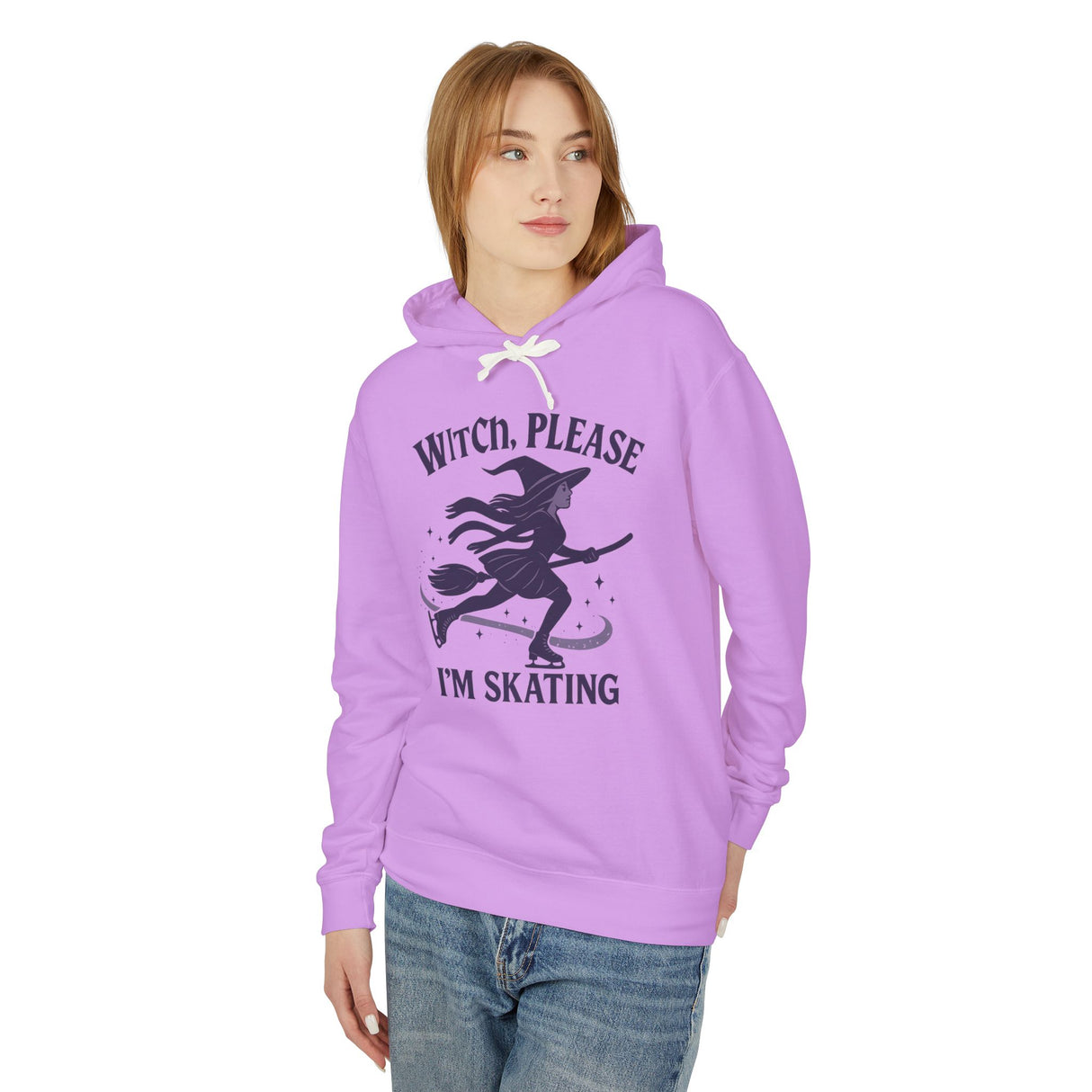 Person wearing a purple hoodie with a witch graphic and text on a white background