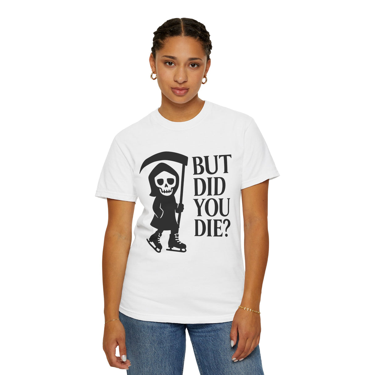 Person wearing a white t-shirt with a graphic and text on a white background