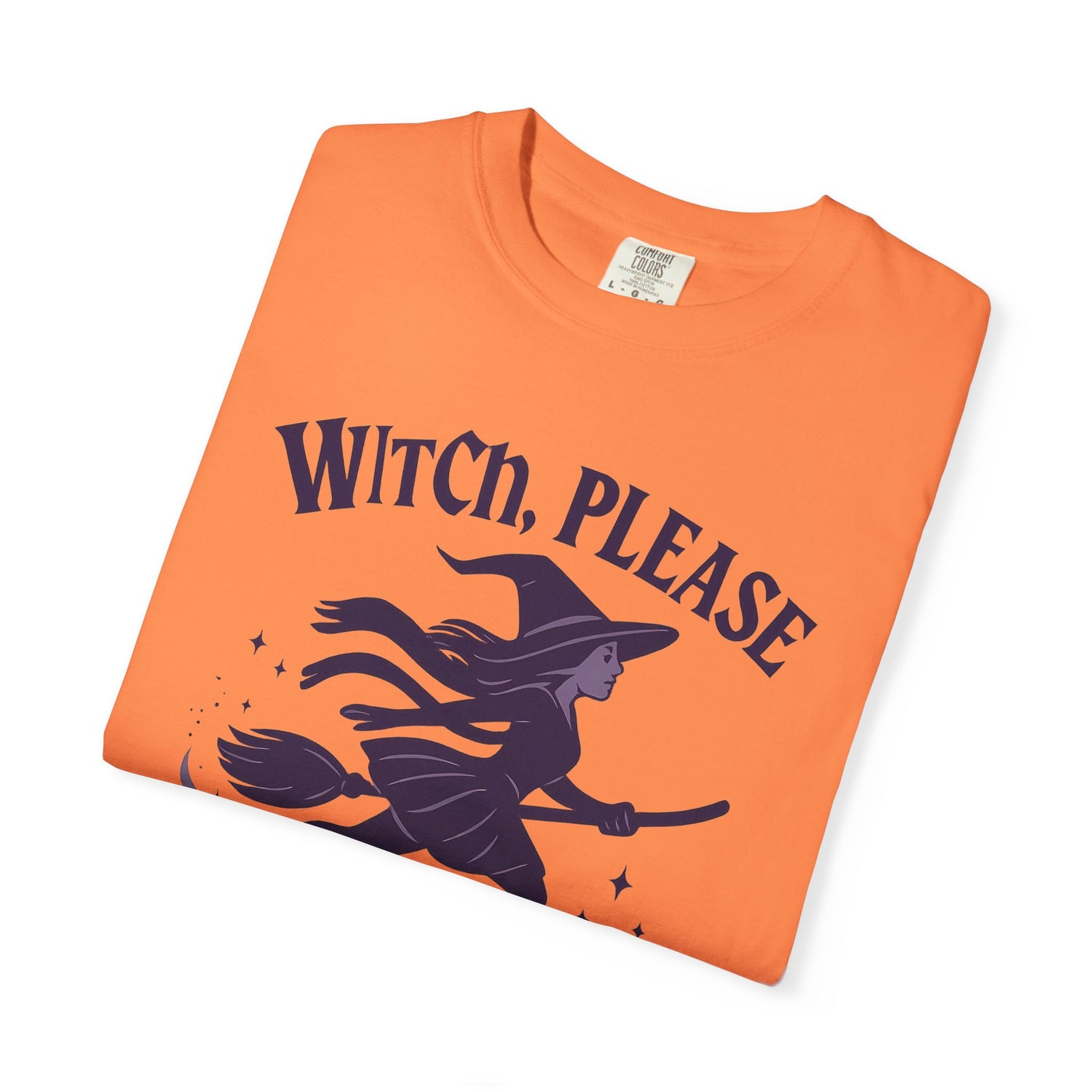Orange t-shirt with a witch graphic and 'Witch, Please' text on a white background
