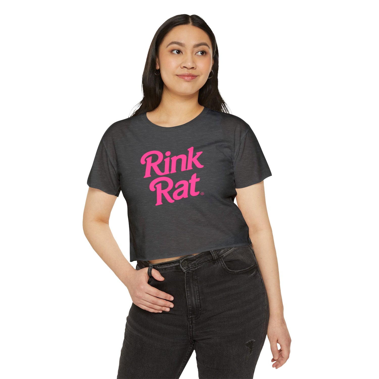 Woman wearing a dark gray t-shirt with 'Rink Rat' in pink text on a white background