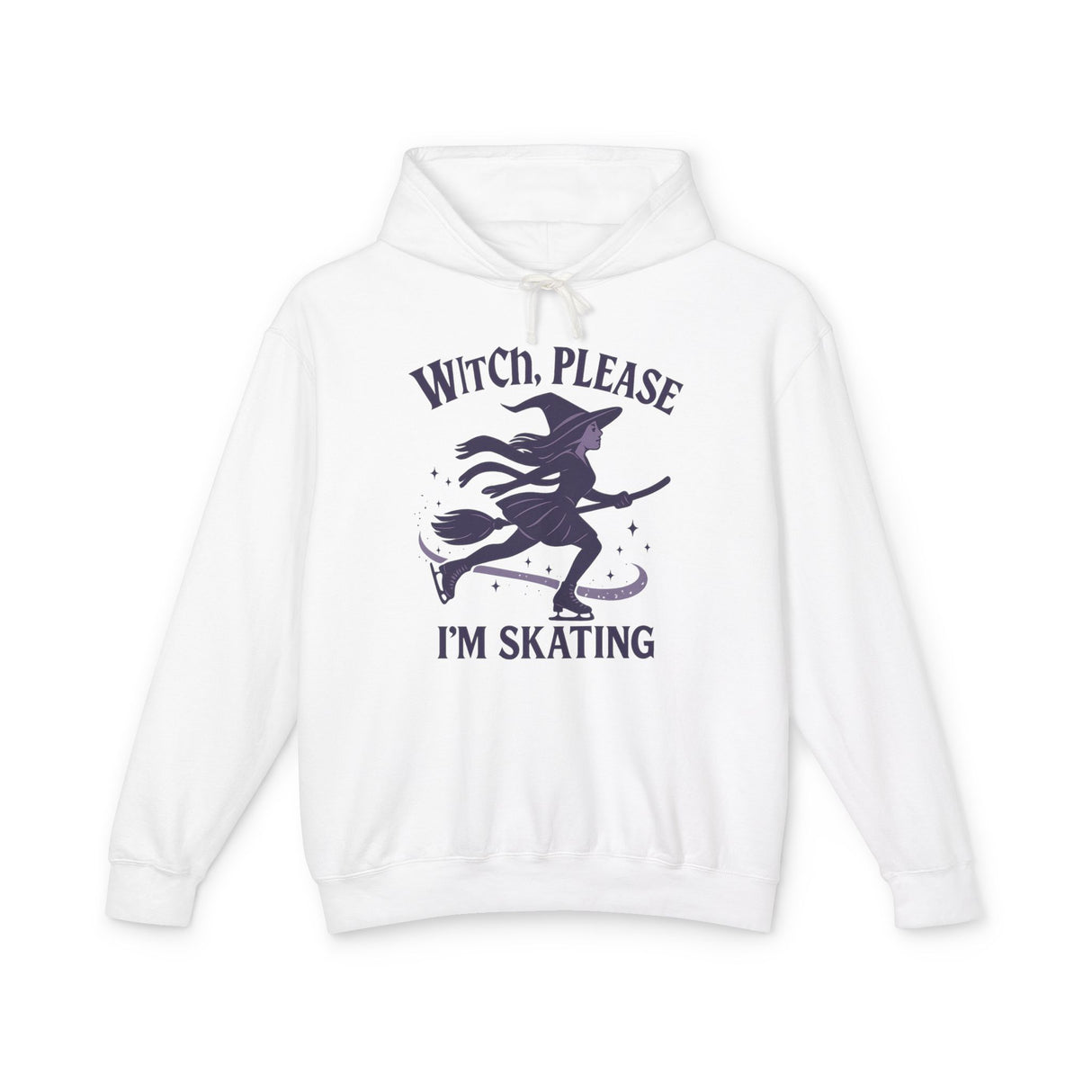 White hoodie with a witch graphic and text on a white background
