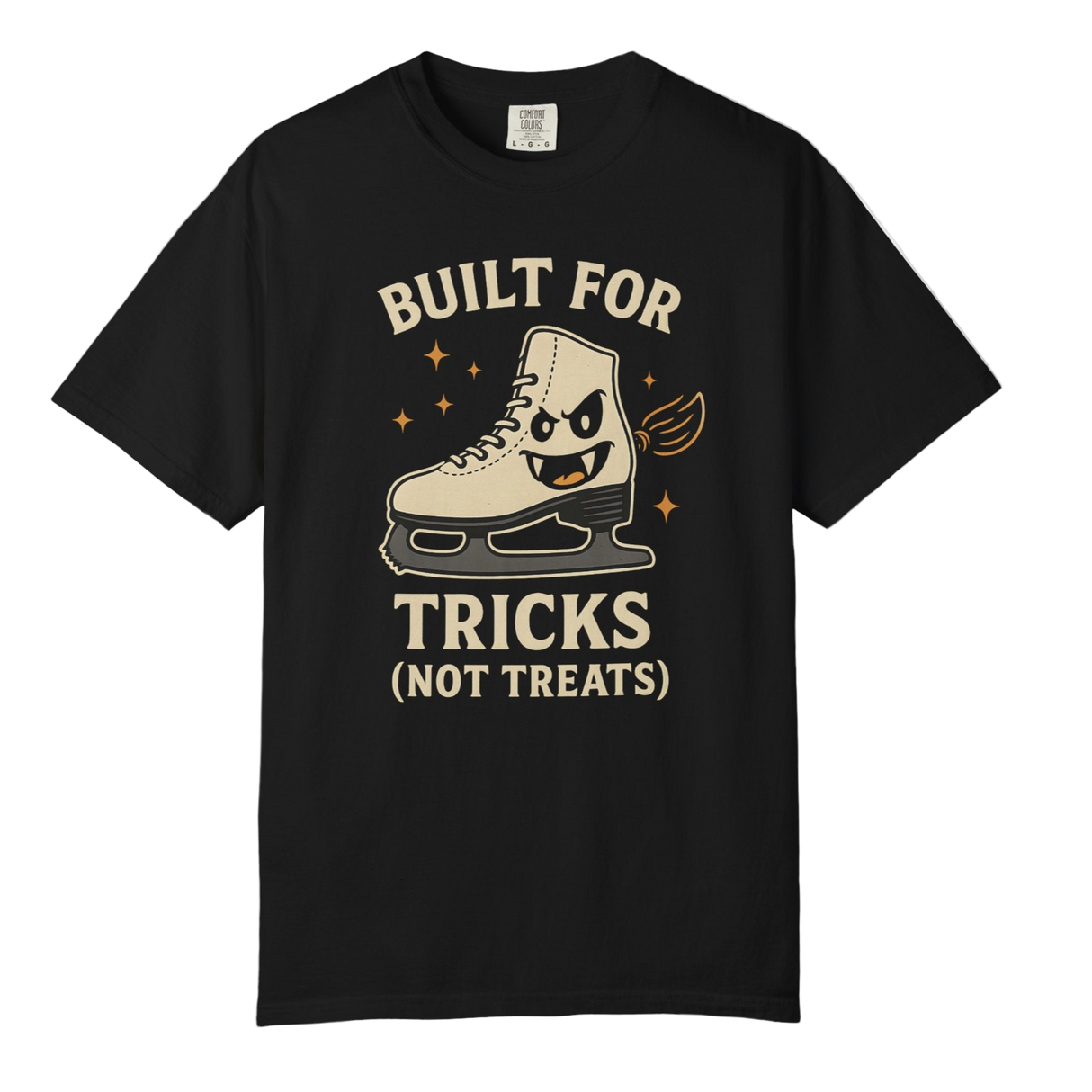 Black t-shirt with a graphic of a skate boot and text on a white background