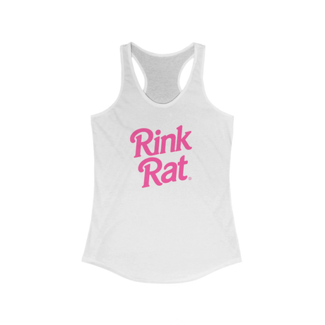 White tank top with pink 'Rink Rat' text on a white background