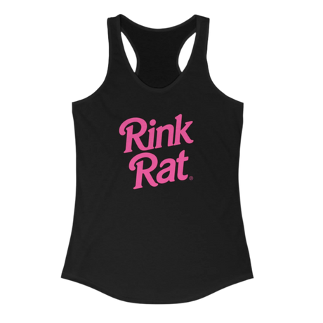 Black tank top with pink 'Rink Rat' text on a white background
