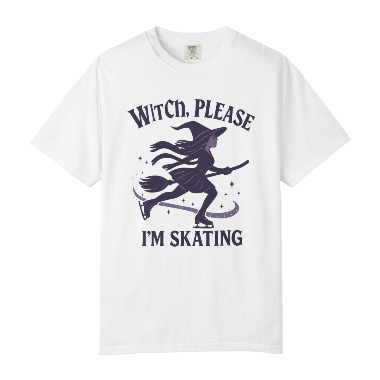 White t-shirt with a witch graphic and text on a white background