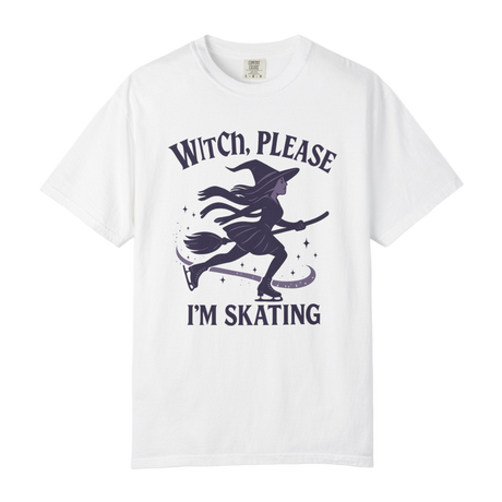 White t-shirt with a witch graphic and text on a white background