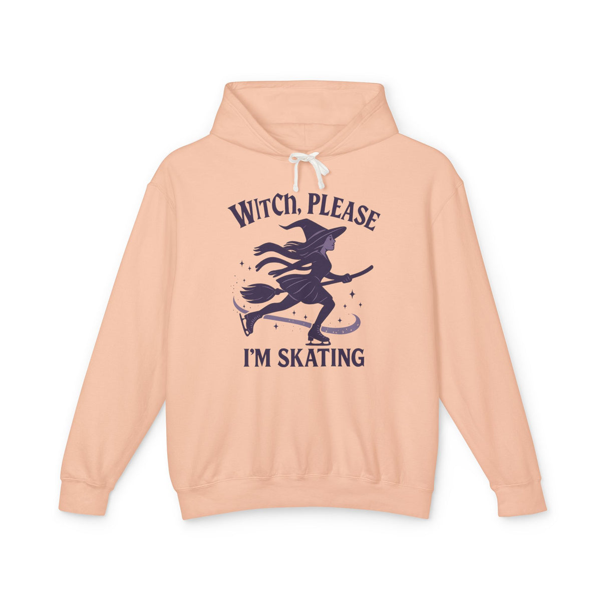 Peach hoodie with a witch graphic and text on a white background