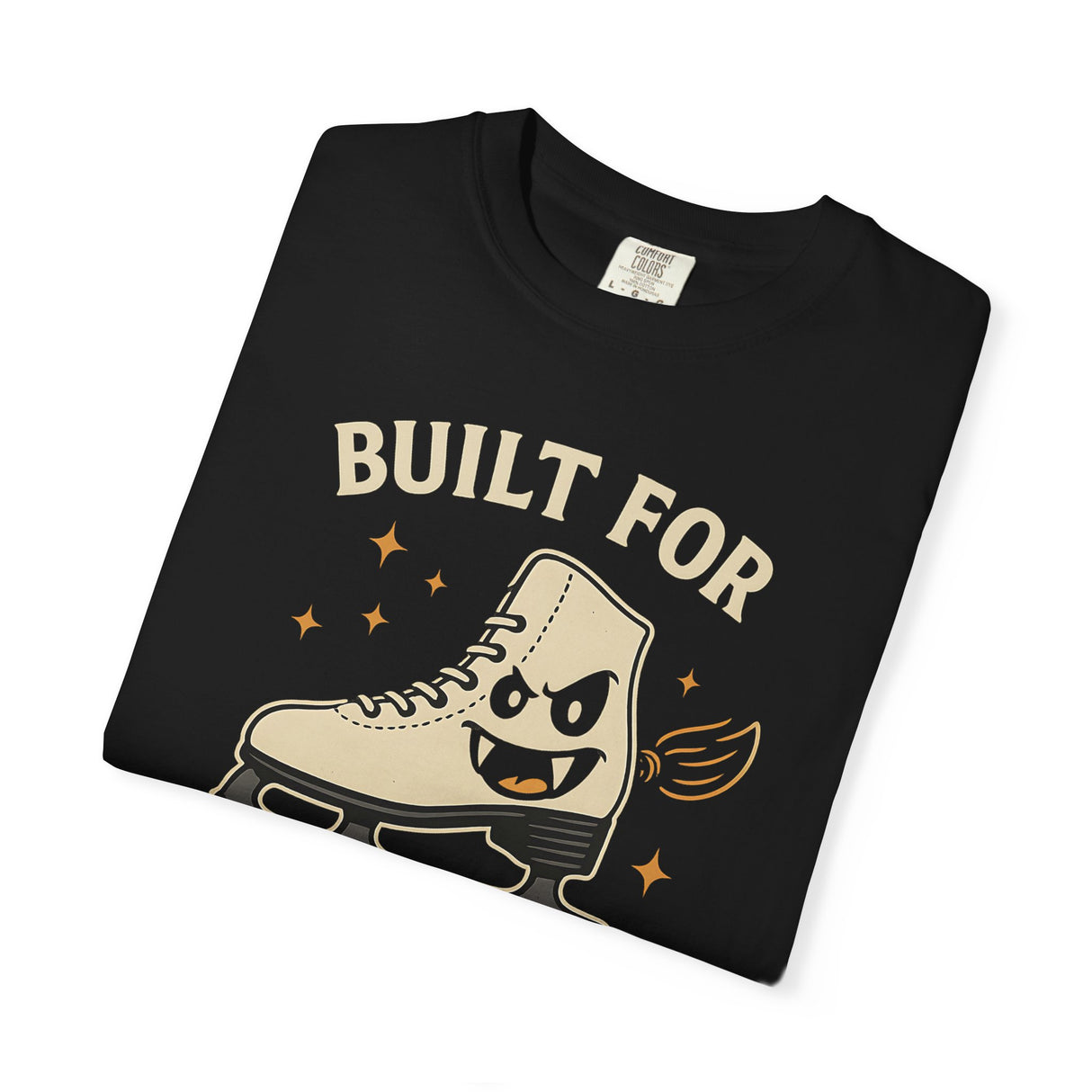 Black t-shirt with a graphic of a boot and text 'BUILT FOR' on a white background