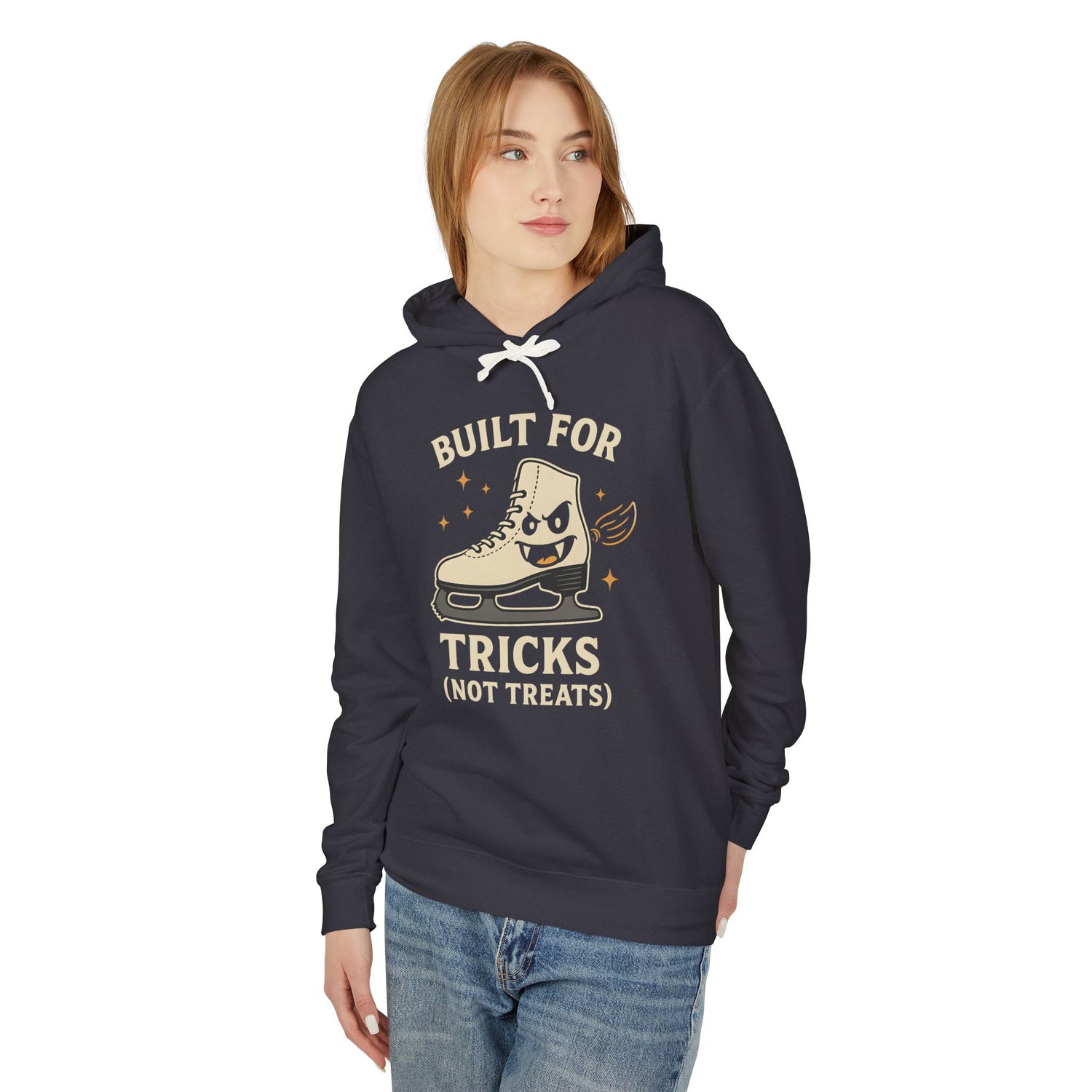 Person wearing a navy hoodie with a graphic and text on a white background