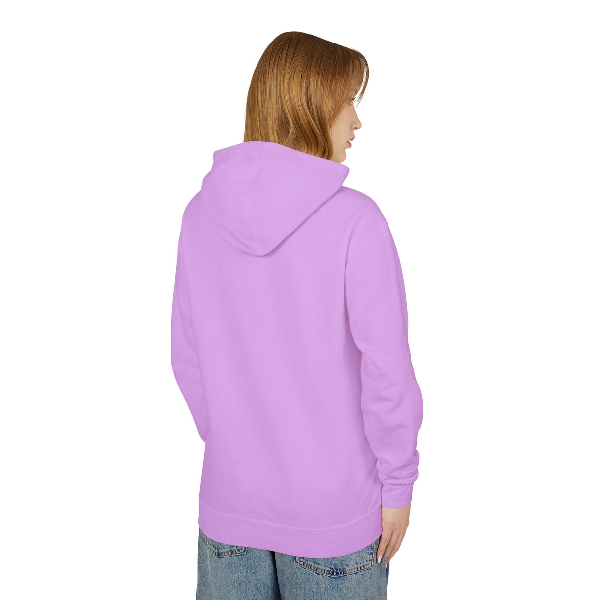 Person wearing a purple hoodie on a white background