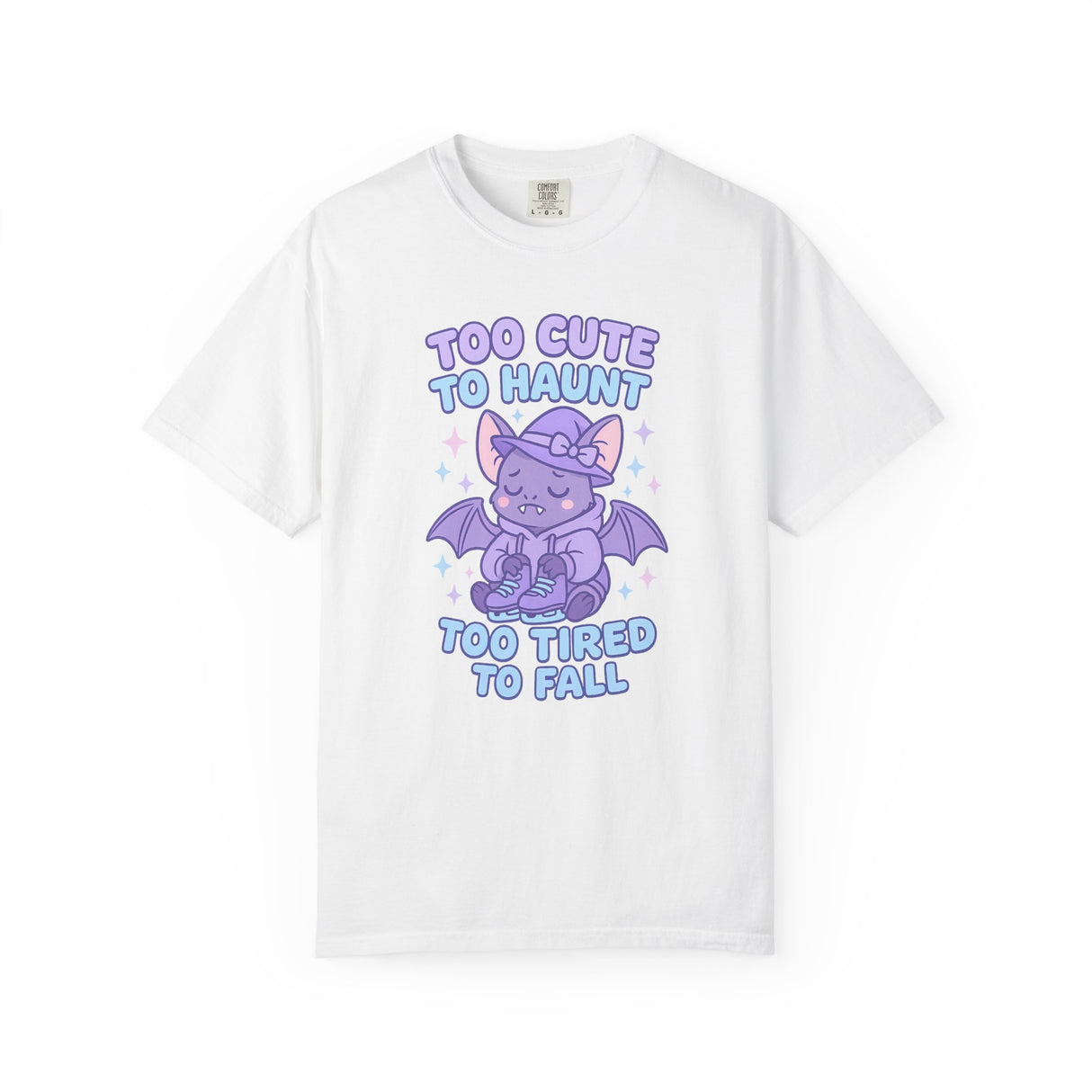 White t-shirt with a cartoon dragon graphic and text on a white background
