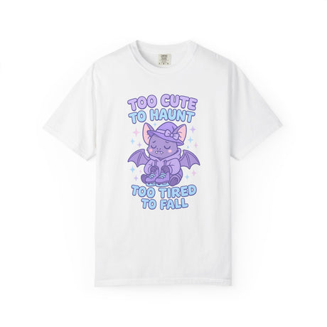 White t-shirt with a cartoon dragon graphic and text on a white background