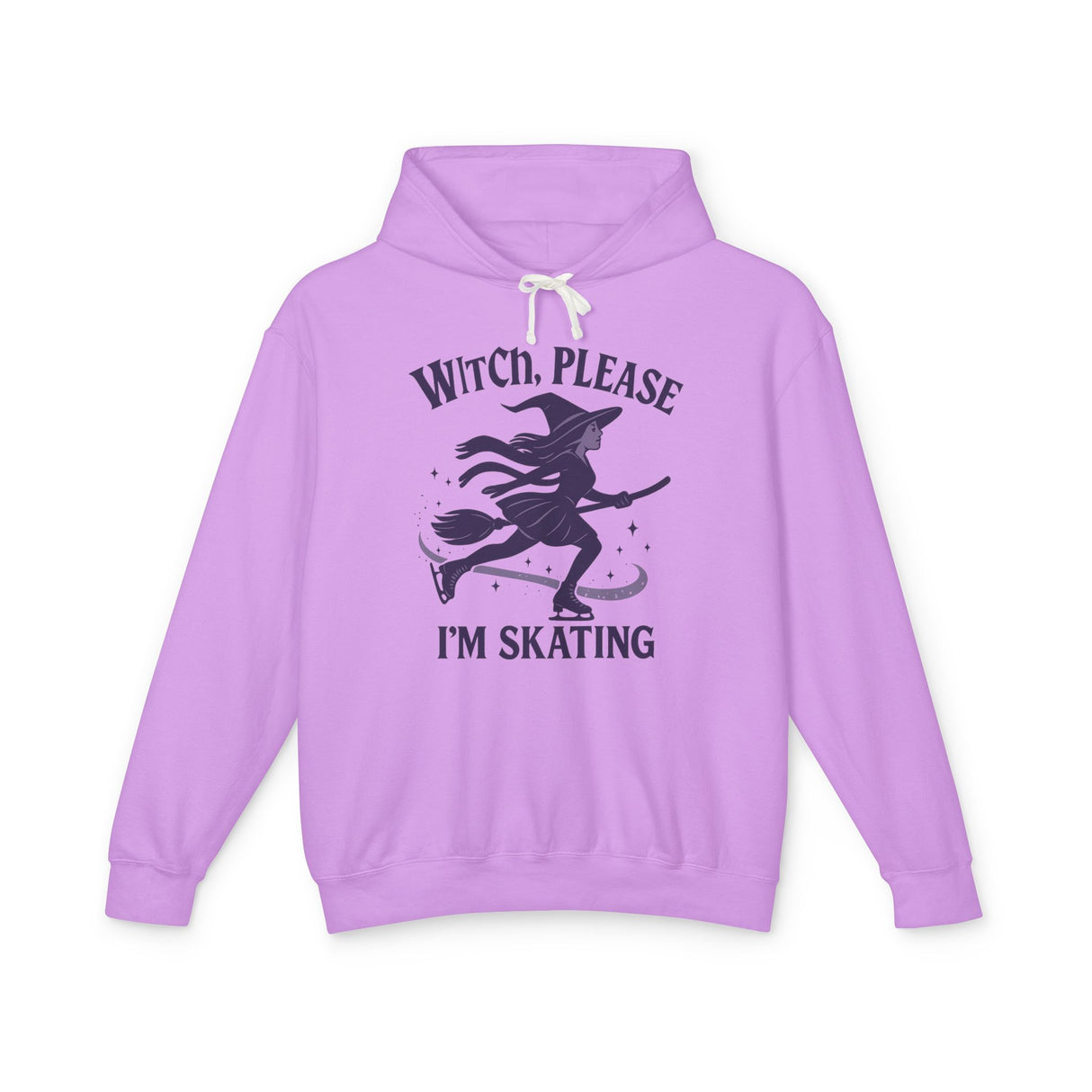 Purple hoodie with witch graphic and text on a white background