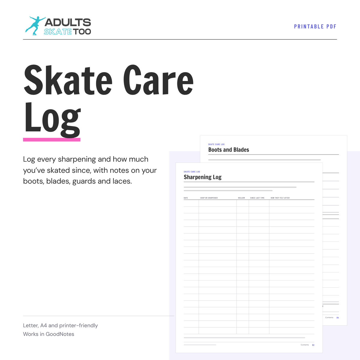 Skate Care Log printable, preview