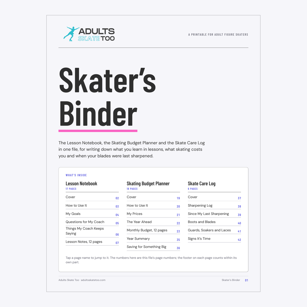 The first page of the Skater's Binder printable, with the title and a list of every page in the binder.