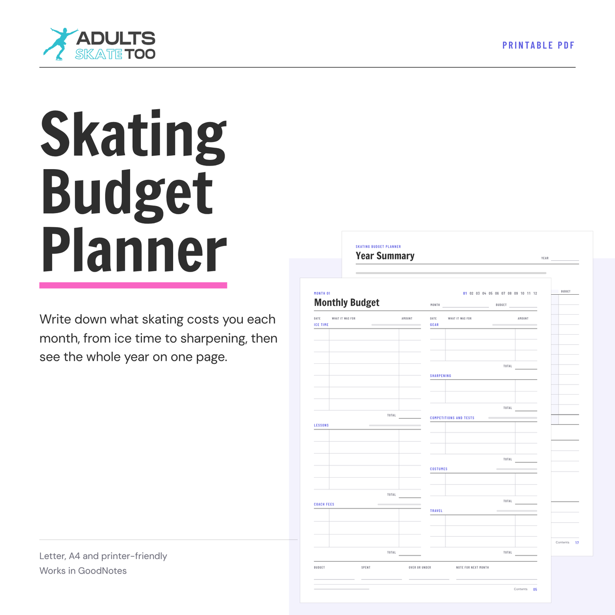 Skating Budget Planner printable, preview