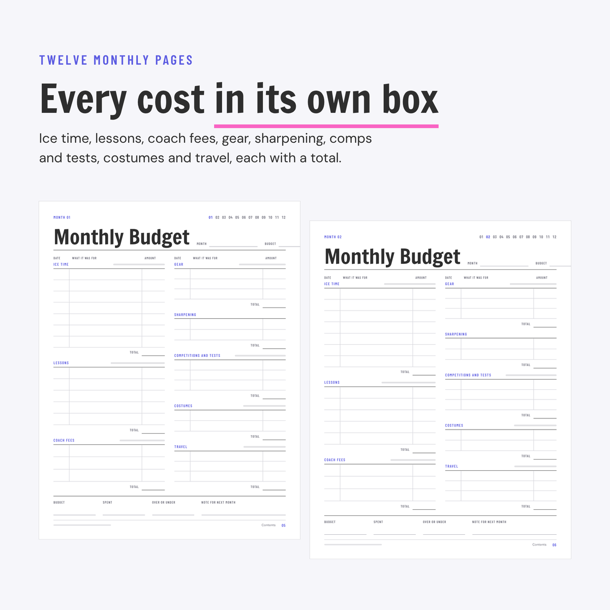 Skating Budget Planner printable, preview
