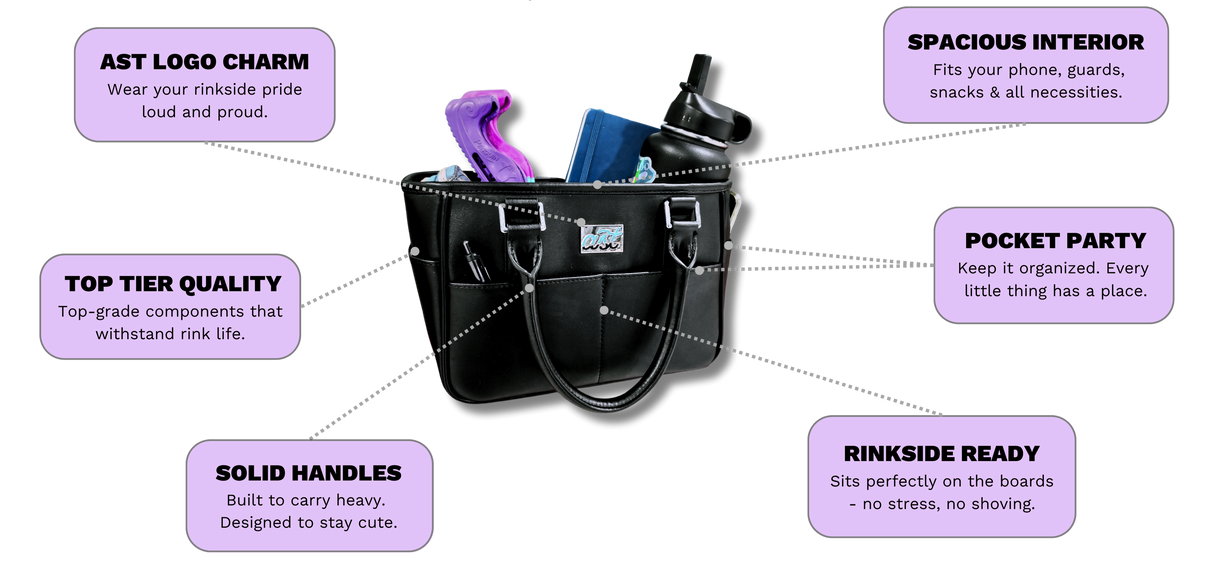 Black rink side tote with features highlighted on a white background