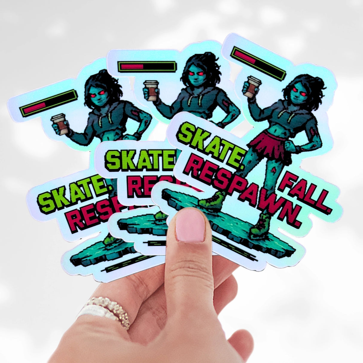 Skate. Fall. Respawn. Holo Stickers
