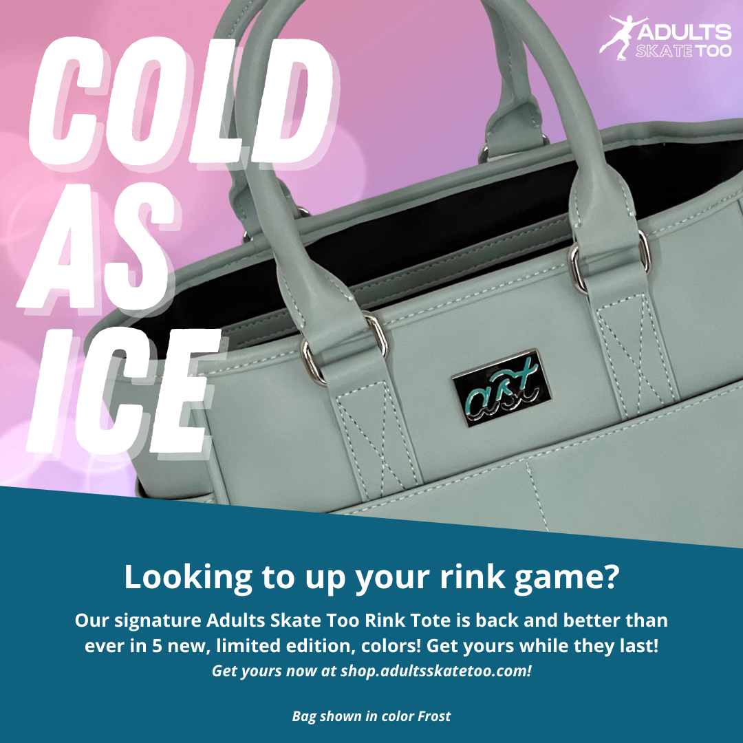 Light blue tote bag with 'Adults Skate Too' logo on a pink and blue gradient background.