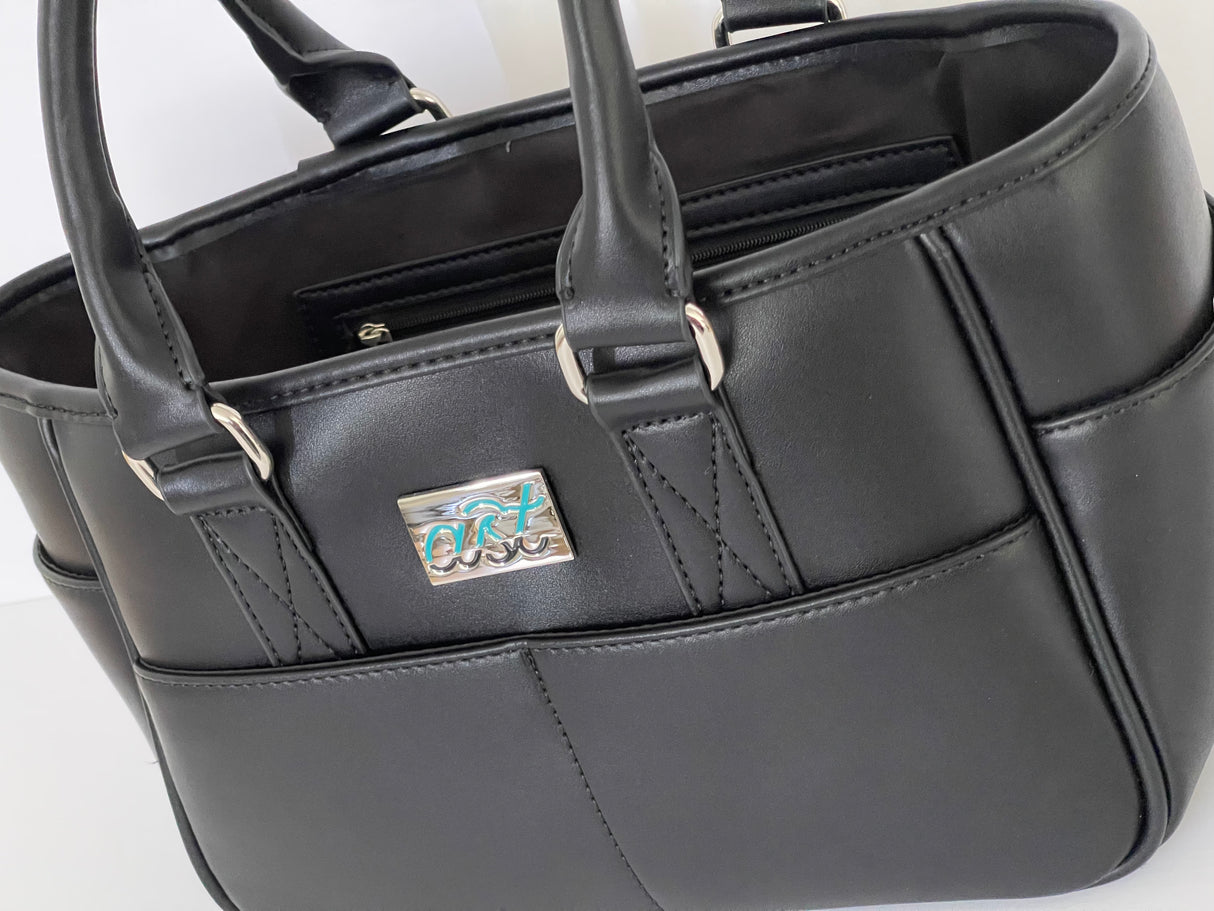 Black handbag with a visible brand logo on a white background