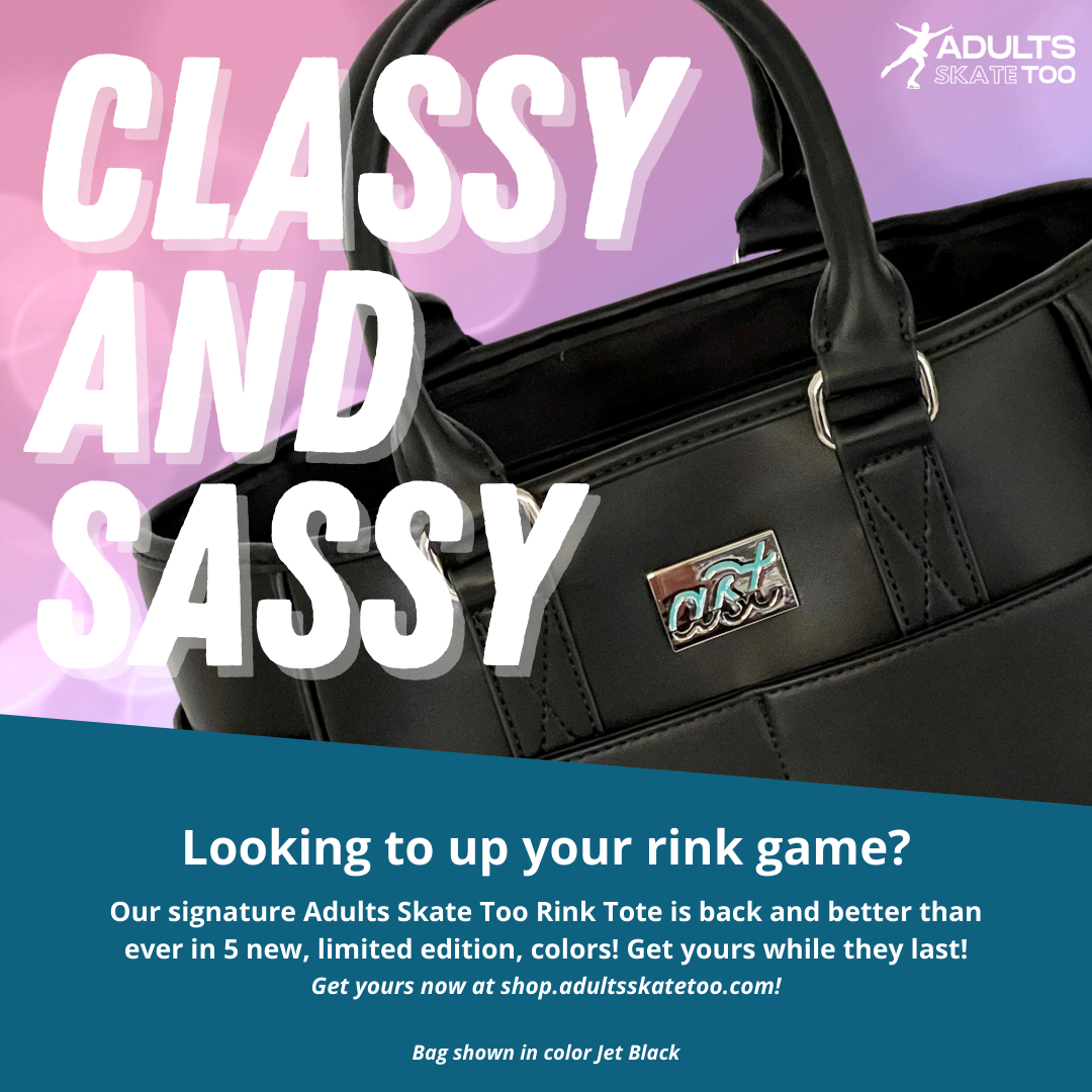 Black tote bag with 'Adults Skate Too' logo on a pink and blue gradient background with text promoting the product.