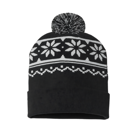 Black beanie with white snowflake pattern and pom-pom on a white background