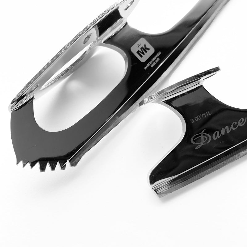 Two MK Dance figure skating blades on a white background, toe picks to the front