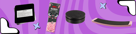 Purple banner showing off ice spinning tools, including a black puck spinner and a curved spinner board