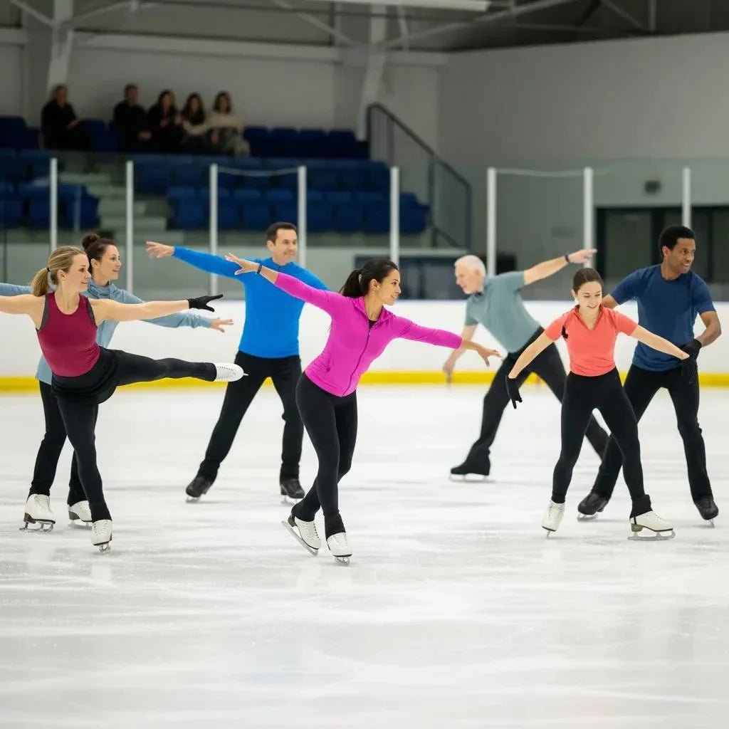 Adult figure skaters practicing on ice, showcasing determination and community spirit