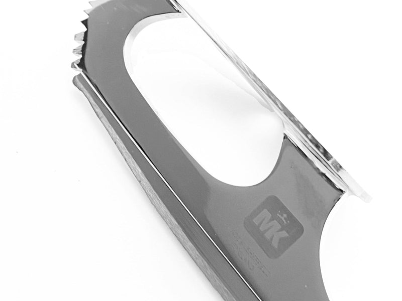 A figure skating blade seen from the heel, with the curve of the rocker along its bottom edge