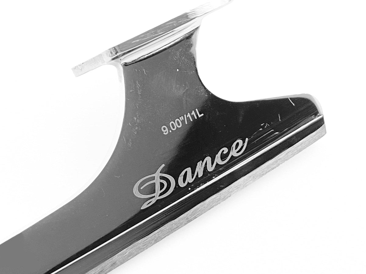A figure skating blade on white with its engraving showing