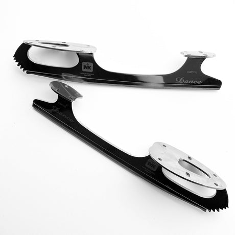 A pair of MK Dance figure skating blades on a white background.