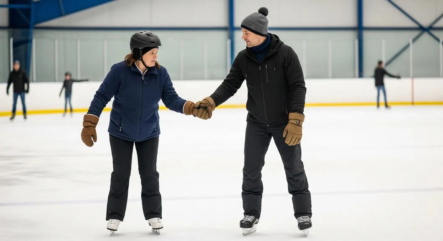 Coach guiding an adult learner on the ice in a supportive one‑on‑one lesson