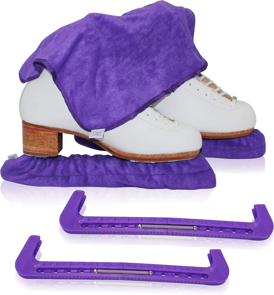 White figure skates in purple soakers with a purple towel, and a pair of purple hard guards below