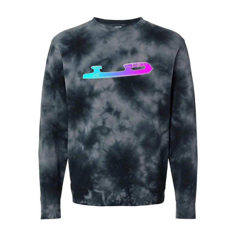 Black and grey tie dye sweatshirt with an aqua to pink skate blade across the chest