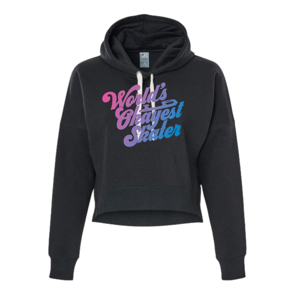 Black cropped hoodie with World's Okayest Skater in pink to blue retro script