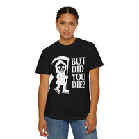 Person wearing a black t-shirt with a graphic and text on a white background