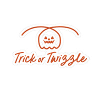 Halloween-themed sticker with a pumpkin face and 'Trick or Twizzle' text on a white background