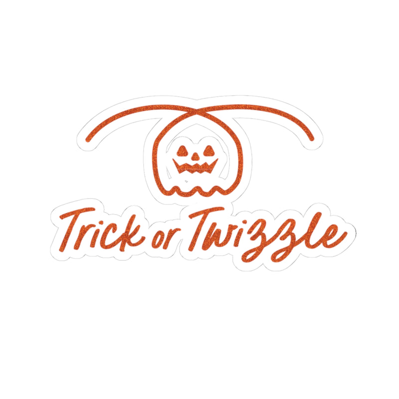 Halloween-themed sticker with a pumpkin face and 'Trick or Twizzle' text on a white background