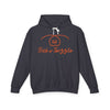 Black hoodie with 'Trick or Trizzle' text and pumpkin design on a white background