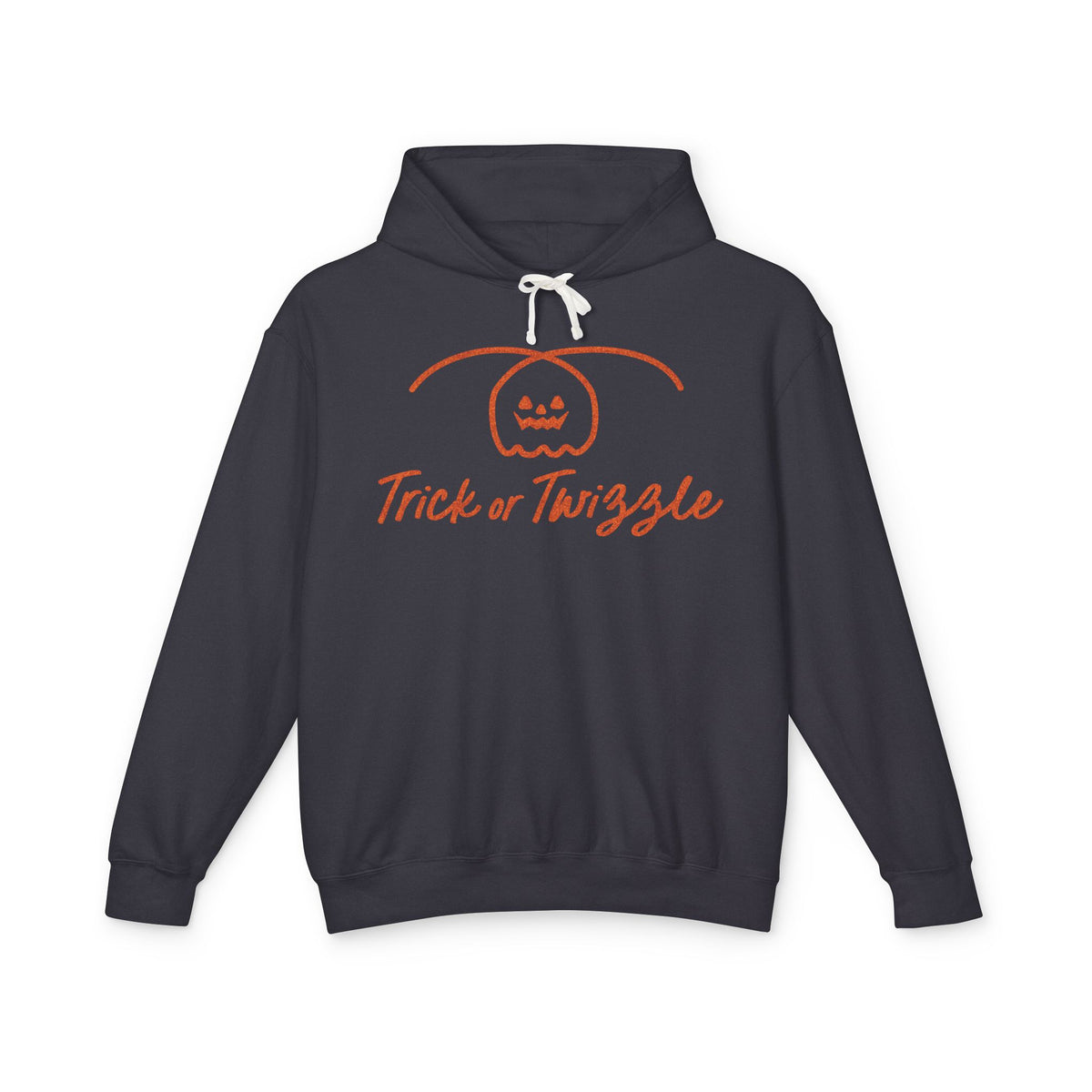 Black hoodie with 'Trick or Trizzle' text and pumpkin design on a white background