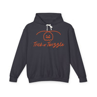 Black hoodie with 'Trick or Trizzle' text and pumpkin design on a white background
