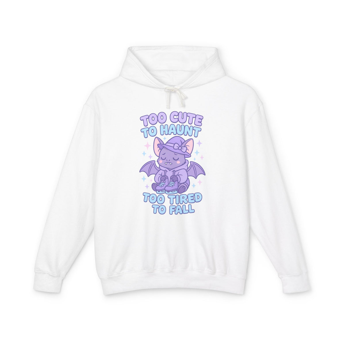 White hoodie with a purple dragon graphic and text on a white background